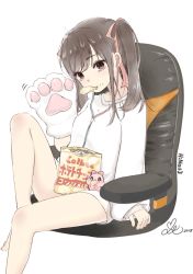 Rule 34 | 1girl, 2018, akira b, animal hands, bag of chips, barefoot, brown eyes, brown hair, chips (food), closed mouth, commentary request, creature, earbuds, earphones, feet out of frame, food, food in mouth, gloves, head tilt, long sleeves, looking at viewer, mouth hold, no pants, original, paw gloves, potato chips, puffy long sleeves, puffy sleeves, shirt, sidelocks, signature, simple background, sitting, solo, twintails, white background, white shirt