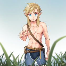 Rule 34 | 1boy, abs, arm at side, artist logo, belt, blonde hair, blue eyes, blurry foreground, boxer briefs, commentary request, day, earrings, grass, hand up, jewelry, link, looking at viewer, male focus, male underwear, medium hair, monbetsu kuniharu, muscular, muscular male, navel, nintendo, nipples, open mouth, outdoors, pectorals, pointing, pointing at viewer, pointy ears, topless male, sidelocks, solo, stomach, the legend of zelda, the legend of zelda: breath of the wild, underwear, underwear only