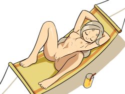 Rule 34 | 1girl, anus, arms behind head, arms up, barefoot, breasts, closed eyes, collarbone, cup, drink, drinking glass, drinking straw, grey hair, hammock, jane (nerf now!!), josue pereira, lemonade, long hair, lying, medium breasts, navel, nerf now!!, nipples, nude, pussy, smile, spread legs, white background