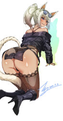 Rule 34 | 1girl, absurdres, all fours, animal ear fluff, animal ears, ass, black footwear, black jacket, black panties, black sleeves, black thighhighs, blonde hair, blue eyes, cat ears, commentary, commission, dark-skinned female, dark skin, dated, english commentary, eyewear on head, final fantasy, final fantasy xiv, fishnet thighhighs, fishnets, full body, glasses, grin, gyaru, high heels, highres, jacket, kogal, leather, leather jacket, long sleeves, looking at viewer, looking back, miqo&#039;te, multicolored hair, panties, pixiv commission, ponytail, rantia, shiny skin, signature, simple background, smile, solo, streaked hair, string panties, tail, thighhighs, thighs, underwear, white background, white hair