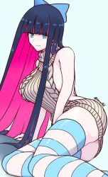 Rule 34 | 1girl, bare shoulders, black hair, breasts, colored inner hair, good thighs day, highres, hime cut, large breasts, long hair, meme attire, moyashi (tenor366), multicolored hair, panty &amp; stocking with garterbelt, pink hair, stocking (psg), striped clothes, striped leggings, striped thighhighs, thighhighs, two-tone hair, virgin killer sweater