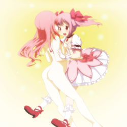 Rule 34 | 10s, 2girls, ass, blush, bow, chihiro p, clothed female nude female, completely nude, dress, dual persona, gloves, hair bow, highres, jewelry, kaname madoka, long hair, mahou shoujo madoka magica, mahou shoujo madoka magica (anime), multiple girls, nude, pendant, pink eyes, pink hair, shoes, socks, twintails, yuri