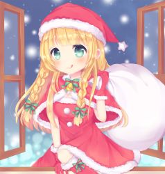 Rule 34 | 1girl, :q, arm support, blonde hair, blush, boots, bow, braid, breasts, capelet, caramel (caramelmilk), christmas, cleavage, commentary request, dress, fur-trimmed boots, fur-trimmed capelet, fur-trimmed dress, fur-trimmed gloves, fur-trimmed headwear, fur trim, gloves, green bow, green eyes, hair bow, hat, holding, holding sack, indoors, knee boots, long hair, looking at viewer, medium breasts, open window, original, red capelet, red dress, red footwear, red gloves, red hat, sack, santa costume, santa hat, side braids, snowing, solo, striped, striped bow, tongue, tongue out, twin braids, very long hair, window