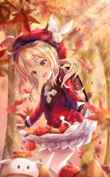 Rule 34 | 1girl, :d, ahoge, apple, autumn leaves, backpack, bag, bloomers, boots, dress, falling leaves, feathers, food, fruit, full body, genshin impact, hair between eyes, hat, hat feather, highres, klee (genshin impact), knee boots, leaf, long hair, long sleeves, low twintails, maple leaf, open mouth, pear, red dress, red eyes, red hat, regi (r regi), smile, solo, sunlight, sunsettia (genshin impact), tree, twintails, underwear, white feathers, white legwear