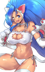 Rule 34 | 1girl, animal ears, animal hands, bare shoulders, bell, big hair, bikini, blue eyes, blue hair, breasts, capcom, cat cutout, cat ear panties, cat ears, cat lingerie, cat tail, cleavage, cleavage cutout, clothing cutout, fang, felicia (vampire), jingle bell, large breasts, long hair, looking at viewer, matching hair/eyes, meme attire, negresco, open mouth, panties, side-tie panties, simple background, solo, swimsuit, tail, thick thighs, thighhighs, thighs, underwear, underwear only, vampire (game), very long hair, white background, white thighhighs