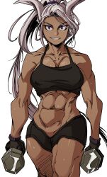 Rule 34 | 1girl, abs, absurdres, animal ears, boku no hero academia, dumbbell, gloves, highres, long hair, looking at viewer, mirko, muscular, muscular female, pencilnote, purple eyes, rabbit ears, shorts, smile, solo, sweat, tank top, toned, white background, white hair