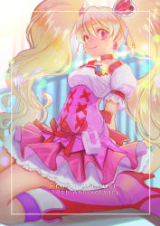 Rule 34 | 1girl, anniversary, arms behind back, blonde hair, blue background, boots, bow, choker, closed mouth, corset, cure peach, earrings, fresh precure!, full body, hair ornament, heart, heart earrings, heart hair ornament, high heel boots, high heels, jewelry, jj (ssspulse), knee boots, kneehighs, kneeling, long hair, looking at viewer, magical girl, momozono love, pink eyes, pink footwear, pink skirt, precure, puffy sleeves, red bow, red neckwear, skirt, smile, socks, solo, twintails