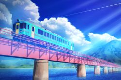 Rule 34 | aobara1101, blue sky, bridge, cloud, cloudy sky, commentary request, day, highres, mountain, no humans, original, river, scenery, sky, summer, sunlight, train