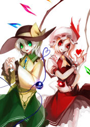 Rule 34 | 2girls, :d, apple, ascot, blonde hair, bow, crazy eyes, female focus, flandre scarlet, food, fruit, green eyes, green hair, hat, hat bow, hat ribbon, heart, heart hands, heart of string, highres, komeiji koishi, long sleeves, multiple girls, nail polish, open mouth, pantyhose, red eyes, ribbon, short hair, side ponytail, simple background, skirt, skirt set, slit pupils, smile, spark621, touhou, white background, wide sleeves, wings, wrist cuffs