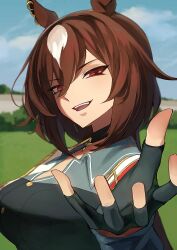 Rule 34 | 1girl, animal ears, black choker, black gloves, blue sky, blurry, blurry background, breasts, brown hair, choker, collared shirt, commentary request, ear ornament, fingerless gloves, gloves, grass, green jacket, hair between eyes, highres, horse ears, horse girl, jacket, long hair, looking at viewer, medium breasts, multicolored hair, nerutora, open mouth, outdoors, pendant choker, red eyes, shirt, sirius symboli (umamusume), sky, smile, solo, streaked hair, umamusume, upper body, white hair
