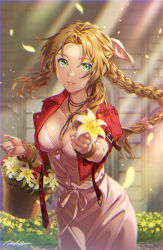 Rule 34 | 1girl, absurdres, aerith gainsborough, artist name, basket, belt, belt buckle, bow, bracelet, braid, breasts, brown belt, brown eyes, buckle, buttons, church, cleavage, collarbone, commentary request, cropped jacket, dress, final fantasy, final fantasy vii, final fantasy vii remake, fingernails, flower, green eyes, hair bow, hair ribbon, highres, holding, holding flower, iria (yumeirokingyo), jacket, jewelry, light particles, light rays, long hair, looking at viewer, medium breasts, open clothes, open jacket, parted lips, petals, pink bow, pink dress, pink ribbon, red flower, red jacket, red rose, ribbon, rose, shiny skin, short sleeves, sidelocks, single braid, smile, solo