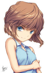 Rule 34 | 1girl, bare arms, bare shoulders, blue eyes, brown hair, commentary request, dated, haibara ai, head tilt, highres, looking at viewer, meitantei conan, monety, short hair, signature, simple background, sleeveless, smile, solo, upper body, white background