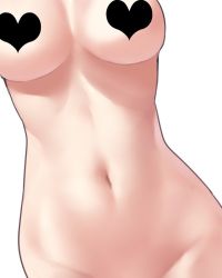 Rule 34 | 1girl, ban! (bansankan), breasts, censored, dutch angle, groin, heart, heart censor, navel, censored nipples, nude, out-of-frame censoring, simple background, solo, white background