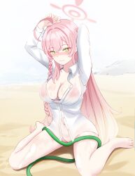Rule 34 | 1girl, absurdres, ahoge, beach, bikini, bikini under clothes, blue archive, halo, hanako (blue archive), hanako (swimsuit) (blue archive), highres, hose, lemonztea, no panties, official alternate costume, oversized clothes, oversized shirt, partially unbuttoned, pink bikini, pink hair, pink halo, see-through, see-through shirt, shirt, simple background, solo, swimsuit, wet, wet clothes, wet shirt