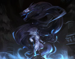 Rule 34 | 1girl, aura, blue theme, bow (weapon), dark background, fangs, furry, glowing, glowing eyes, hooves, kindred (league of legends), lamb (league of legends), league of legends, mask, monster, sia kim, weapon, wolf (league of legends)