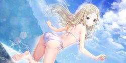 Rule 34 | 1girl, ass, back, barefoot, bikini, blonde hair, blue reflection (series), blue reflection sun, blue sky, blush, breasts, cloud, day, feet, floating hair, foot out of frame, game cg, grey eyes, highres, kishida mel, long hair, looking at viewer, looking back, morisaki alesia yu, non-web source, outdoors, parted bangs, side-tie bikini bottom, sky, small breasts, smile, soles, solo, sunlight, swimsuit, toes, water, white bikini