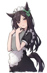 Rule 34 | 1girl, :o, alternate costume, animal ears, apron, black dress, black hair, blush, bow, dress, ear bow, enmaided, frilled apron, frills, from side, green bow, highres, holding, holding tray, horse ears, horse girl, horse tail, long hair, looking at viewer, looking to the side, maid, maid apron, maid headdress, mejiro dober (umamusume), puffy short sleeves, puffy sleeves, purple eyes, sasahara kugui, short sleeves, simple background, solo, tail, tray, umamusume, waist apron, white apron, white background