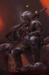 Rule 34 | absurdres, blood, body armor, bug, butterfly, cyborg, gun, highres, holding, holding gun, holding weapon, bug, male focus, manly, military, old, old man, original, science fiction, sitting, smoking, solo, weapon, weihao wei