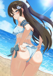 Rule 34 | 1girl, absurdres, adjusting clothes, adjusting swimsuit, armband, ass, beach, bikini, blue bikini, blue eyes, blush, breasts, brown hair, closed mouth, commentary, dutch angle, feet out of frame, flower, frilled bikini, frills, from behind, hair flower, hair ornament, half updo, highres, long hair, looking at viewer, looking back, love live!, love live! nijigasaki high school idol club, medium breasts, odaiba beach girl (love live!), osaka shizuku, outdoors, panties, ponytail, smug, solo, swimsuit, underwear, zanpon