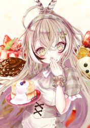 Rule 34 | 1girl, ahoge, alternate costume, apron, blush, bodice, brown eyes, brown hair, cake, covering own mouth, crossed bangs, cupcake, feather hair ornament, feathers, food, food on face, fruit, hair ornament, hairband, hairclip, hand over own mouth, highres, hololive, hololive english, long hair, megts0331, multicolored hair, nail polish, nanashi mumei, pancake, pancake stack, ponytail, puffy short sleeves, puffy sleeves, scrunchie, short sleeves, strawberry, strawberry shortcake, streaked hair, very long hair, virtual youtuber, waist apron, white apron, wrist scrunchie