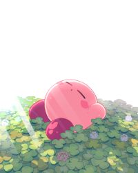 Rule 34 | blush, closed eyes, closed mouth, clover, clover (flower), colored skin, dot mouth, flower, kirby, kirby (series), lens flare, light, mutekyan, nintendo, no humans, pink flower, pink skin, plant, red footwear, shadow, simple background, sleeping, sunlight, white flower