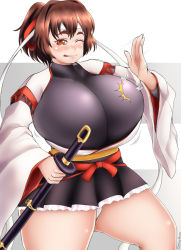 Rule 34 | 1girl, blush, breasts, brown eyes, brown hair, curvy, hair ribbon, huge breasts, ise (kancolle), japanese clothes, kantai collection, mee don, one eye closed, plump, ponytail, ribbon, short hair, skin tight, skirt, smile, sword, thick thighs, thighs, weapon