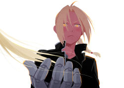 Rule 34 | 1boy, 1girl, :/, ahoge, automail, black jacket, blonde hair, blush, braid, close-up, edward elric, floating hair, frown, fullmetal alchemist, hair over one eye, hanayama (inunekokawaii), hand up, jacket, long hair, long sleeves, out of frame, outstretched hand, serious, short bangs, simple background, upper body, v-shaped eyebrows, very long hair, white background, winry rockbell, yellow eyes
