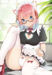 Rule 34 | 1girl, absurdres, alternate costume, animal ears, apron, bespectacled, bishounen, black-framed eyewear, blue eyes, blue hair, blush, bow, bow panties, breast press, breasts, cameltoe, cat ears, cleavage, cleavage cutout, clothing cutout, enmaided, frills, garter straps, glasses, go-1, gradient hair, hair between eyes, heart, high heels, highres, knee up, lace, lace-trimmed legwear, lace trim, looking at viewer, maid, maid headdress, medium breasts, medium hair, multicolored hair, neck ribbon, original, panties, pink hair, red footwear, red ribbon, ribbon, short sleeves, sitting, string panties, thighhighs, two-tone hair, underwear, untying, waist apron, white panties, white thighhighs, wristband, zettai ryouiki