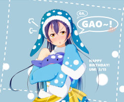 Rule 34 | 1girl, animal costume, animal hat, bare shoulders, birthday, blue background, blue hair, blush, character name, commentary request, costume, dated, detached sleeves, fur trim, hair between eyes, happy birthday, hat, highres, holding, long hair, long sleeves, looking at viewer, love live!, love live! school idol festival, love live! school idol project, open mouth, simple background, solo, sonoda umi, stuffed animal, stuffed toy, upper body, very long sleeves, whale shark, yellow eyes