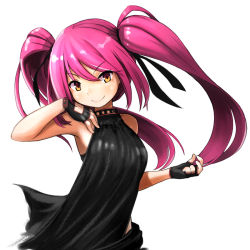 Rule 34 | &gt;:), 1girl, bare shoulders, black gloves, blush, btraphen, collarbone, fingerless gloves, gloves, long hair, looking at viewer, original, pink hair, simple background, smile, solo, twintails, v-shaped eyebrows, white background