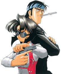 Rule 34 | 1990s (style), bean bandit, black hair, blue eyes, breasts, couple, crossed arms, cz 75, fingernails, glasses, gun, gunsmith cats, hairband, handgun, holding, holster, jacket, knife, knife in mouth, leather, leather jacket, looking at viewer, looking back, pulling, rally vincent, ray-ban, retro artstyle, scar, shirt, short hair, sideburns, simple background, sonoda ken&#039;ichi, sunglasses, tan, wavy hair, weapon