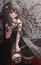 Rule 34 | 1girl, absurdres, black dress, black hair, black thighhighs, blood, blood on clothes, blood on face, bloody weapon, closed mouth, cowboy shot, crossed bangs, dagger, dress, earrings, flower, gold earrings, gold hairband, hair flower, hair ornament, hairband, highres, holding, holding dagger, holding knife, holding weapon, jewelry, knife, long hair, looking at viewer, off-shoulder dress, off shoulder, pipipipyu, red eyes, sidelocks, sleeveless, sleeveless dress, solo, spy x family, stiletto (weapon), thighhighs, two-sided dress, two-sided fabric, weapon, yor briar