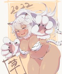 Rule 34 | 1girl, 2022, absurdres, animal ear fluff, animal ears, animal hands, animal print, artist request, belly, blush, breasts, chinese zodiac, cleavage, fang, fur collar, gloves, highres, ladica (shadowverse), large breasts, long hair, paw gloves, pixiv id 8410283, plump, ponytail, shadowverse, solo, tail, thick thighs, thighs, tiger ears, tiger girl, tiger print, tiger tail, very long hair, white hair, year of the tiger, yellow eyes