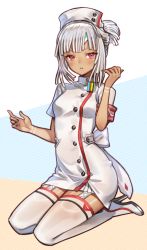 Rule 34 | 10s, 1girl, altera (fate), black nails, blunt bangs, blush, breasts, dark-skinned female, dark skin, fate/extella, fate/extra, fate (series), fingernails, hat, high collar, high heels, legs, looking at viewer, nail polish, nurse, nurse cap, parted lips, red eyes, seiza, short hair, short sleeves, sitting, small breasts, solo, tan, tattoo, thighhighs, thighs, white footwear, white hair, white thighhighs, yurizuka (sergeant heart)