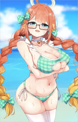 1girl absurdres arms_under_breasts beach bikini blonde_hair blue_archive blue_eyes bow braid breasts choker cleavage cleavage_cutout clothing_cutout crossed_arms fon_(96nokimihito) frilled_bikini frills glasses gradient_hair hair_bow halo highres huge_breasts long_hair multicolored_hair navel neck_bell open_mouth orange_hair outdoors plaid_bikini plaid_clothes shimiko_(blue_archive) side-tie_bikini_bottom solo standing swimsuit thighhighs twin_braids very_long_hair wet white_thighhighs