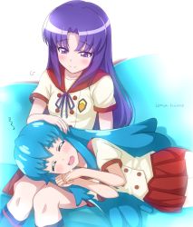 Rule 34 | 10s, 2girls, blue hair, blush, breasts, cleavage, drooling, happinesscharge precure!, hikawa iona, jewel (the black canvas), long hair, lying, multiple girls, open mouth, precure, purple eyes, purple hair, red skirt, school uniform, shirayuki hime, short sleeves, sitting, skirt, sleeping, sleeping on person, small breasts, smile, zzz