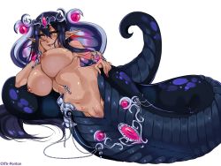 Rule 34 | 1girl, alternate color, apophis (monster girl encyclopedia), artist name, bad id, bad pixiv id, bare arms, bare shoulders, black hair, black sclera, breasts, circlet, cleavage, colored sclera, dark-skinned female, dark skin, earrings, fingernails, hair between eyes, hands on own cheeks, hands on own face, huge breasts, jewelry, lamia, large breasts, lip piercing, lips, long hair, looking at viewer, lying, mixed-language commentary, monster girl, monster girl encyclopedia, mr-poritan, nail polish, navel, navel piercing, nipples, nude, on side, piercing, pink nails, pointy ears, purple hair, pussy, red eyes, scales, seductive smile, simple background, slit pupils, smile, solo, tail, tan, white background, yellow eyes