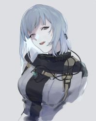 Rule 34 | 1girl, arcadia25, arms behind back, breasts, girls&#039; frontline, grey hair, grey jacket, highres, jacket, large breasts, looking at viewer, medium hair, open mouth, purple eyes, rpk-16 (girls&#039; frontline), solo, tactical clothes, teeth, upper body, upper teeth only, white background