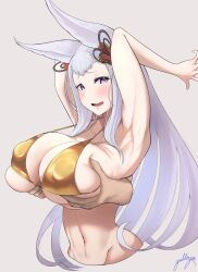 Rule 34 | 1girl, animal ears, armpits, arms up, bikini, blush, breasts, cropped legs, disembodied limb, fox ears, fox girl, gold bikini, gollizo, grabbing, grabbing another&#039;s breast, granblue fantasy, hair ornament, highres, huge breasts, long hair, navel, nervous smile, purple eyes, signature, simple background, smile, societte (granblue fantasy), solo, sweat, swimsuit, upper body, very long hair, white background, white hair
