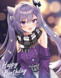 Rule 34 | 1girl, :d, adapted costume, bare shoulders, birthday, blush, braid, casual, double bun, english text, flower, genshin impact, hair bun, hair flower, hair ornament, half-closed eyes, happy birthday, highres, keqing (genshin impact), keqing (lantern rite) (genshin impact), long hair, long sleeves, looking at viewer, off shoulder, open mouth, plaid, plaid scarf, purple eyes, purple hair, purple sweater, scarf, skirt, smile, solo, sparkle, suzumori (su2525), sweater, twintails, very long hair