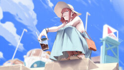 Rule 34 | 1girl, bag, bare shoulders, blue dress, blue eyes, blue nails, blue sky, blurry, blurry background, bracelet, breasts, brown bag, brown hat, cigarette, closed mouth, cup, day, depth of field, disposable cup, dress, drinking straw, handbag, hat, highres, holding, holding cup, jewelry, large breasts, medium hair, nail polish, original, outdoors, red hair, sandals, sideboob, sky, smoking, solo, squatting, sun hat, sundress, zuoteng lucha
