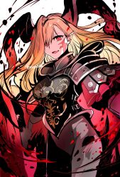 Rule 34 | armor, blonde hair, blood, cape, facial mark, fang, fate/grand order, fate (series), highres, long hair, looking at viewer, nero claudius (fate), nero claudius (fate) (all), pauldrons, plate armor, pointy ears, queen draco (fate), queen draco (third ascension) (fate), red eyes, rioka (southern blue sky), shoulder armor, simple background, smile, solo, tareme, white background