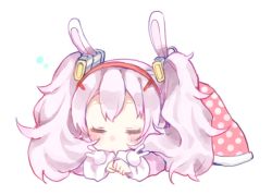 Rule 34 | 1girl, :o, animal ears, azur lane, blush, closed eyes, hair ornament, hairband, jacket, laffey (azur lane), long hair, long sleeves, lying, on stomach, parted lips, pink jacket, polka dot, rabbit ears, red hairband, shijimi kozou, silver hair, simple background, sleeves past wrists, solo, white background