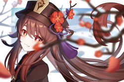 Rule 34 | 1girl, absurdres, black hat, blurry, blurry background, brown hair, colored tips, commentary request, depth of field, flower, flower-shaped pupils, from side, genshin impact, gradient hair, grin, hair between eyes, hair flaps, hat, hat branch, hat flower, hat tassel, highres, hu tao (genshin impact), long hair, looking at viewer, looking to the side, mandarin collar, multicolored hair, plum blossoms, porkpie hat, red eyes, red shirt, shirt, sidelocks, smile, solo, symbol-shaped pupils, twintails, upper body, very long hair, xiaomuying