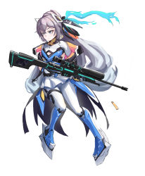 Rule 34 | 1girl, black bodysuit, black gloves, blue footwear, blue gloves, blue skirt, blush, bodysuit, boots, bronya zaychik, check commentary, chinese commentary, commentary request, crossed bangs, dot mouth, facing viewer, flat chest, gloves, grey hair, gun, gun decal, hair between eyes, hair ornament, hair ribbon, highres, honkai (series), honkai impact 3rd, knee boots, long hair, long sleeves, looking to the side, miniskirt, multicolored bodysuit, multicolored clothes, multicolored footwear, multicolored gloves, panties, pantyshot, pleated skirt, quintincy, ribbon, rifle, seele vollerei, shell casing, sidelocks, sideways glance, simple background, skirt, sniper rifle, solo, underwear, very long hair, weapon, white background, white bodysuit, white footwear