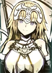 Rule 34 | 1girl, bare shoulders, blonde hair, blush, breasts, chain, elbow gloves, fate/apocrypha, fate/grand order, fate (series), female focus, gloves, hair down, headpiece, highres, jeanne d&#039;arc (fate), jeanne d&#039;arc (ruler) (fate), jeanne d&#039;arc (third ascension) (fate), large breasts, lips, long hair, looking at viewer, purple eyes, smile, solo, upper body, xiaodi