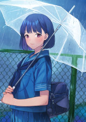 Rule 34 | 1girl, bag, blue hair, blue neckerchief, blue sailor collar, blue serafuku, blue shirt, blue skirt, blush, chain-link fence, closed mouth, commentary request, doushimasho, fence, highres, holding, holding umbrella, looking at viewer, neckerchief, original, outdoors, pleated skirt, rain, red eyes, sailor collar, school bag, school uniform, serafuku, shirt, short hair, short sleeves, skirt, sky, solo, transparent, transparent umbrella, umbrella