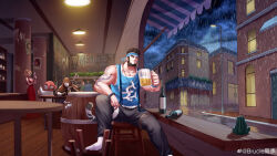 Rule 34 | 2boys, 2girls, absurdres, alcohol, arm tattoo, artist request, bad link, baimeme, bandaged leg, bandages, bara, bare arms, beard, beer, beer mug, black hair, blue headband, blue shirt, bottle, brucie (infighter821), building, bulge, check artist, commission, cross, cross necklace, cup, dress, dungeon and fighter, facial hair, foot out of frame, full body, headband, highres, indoors, jewelry, large pectorals, leg belt, looking to the side, male focus, male priest (dungeon and fighter), mature male, mug, multiple boys, multiple girls, muscular, muscular male, necklace, on chair, original, pectorals, rain, red dress, restaurant, scenery, second-party source, shirt, short hair, sitting, sleeveless, sleeveless shirt, socks, solo focus, standing, tail, tattoo, thighs, tiger tail, white socks, window, wine bottle