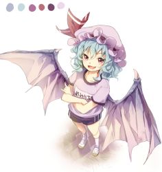 Rule 34 | 1girl, :d, alternate costume, bat wings, blue hair, contemporary, crossed arms, dutch angle, fang, from above, full body, gym shorts, gym uniform, happy, hat, hat ribbon, looking at viewer, makuwauri, mary janes, mob cap, name tag, open mouth, red eyes, red ribbon, remilia scarlet, ribbon, shoes, short hair, short sleeves, shorts, smile, socks, solo, touhou, vampire, white socks, wings