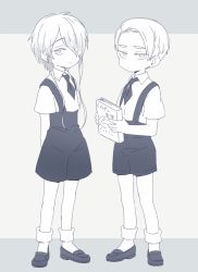 Rule 34 | aged down, androgynous, arms behind back, bad id, bad pixiv id, book, cairngorm (houseki no kuni), child, gender request, ghost quartz (houseki no kuni), hair over one eye, houseki no kuni, looking at viewer, nao (necomugi), necktie, short hair with long locks, shorts, smile, suspenders, time paradox, white eyes, white hair